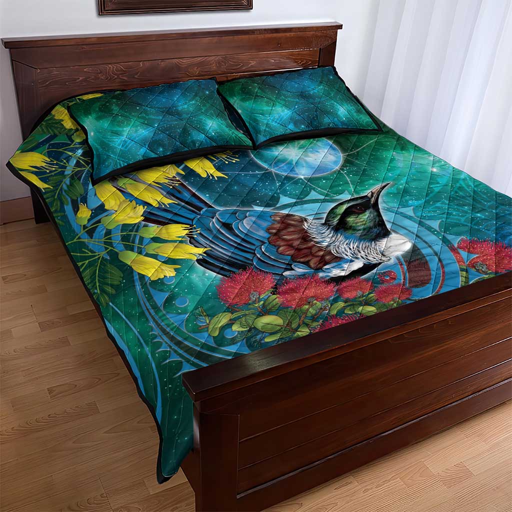 New Zealand Tui Bird Quilt Bed Set Maori Koru With Pohutukawa Galaxy Style - Aussie Hoodie