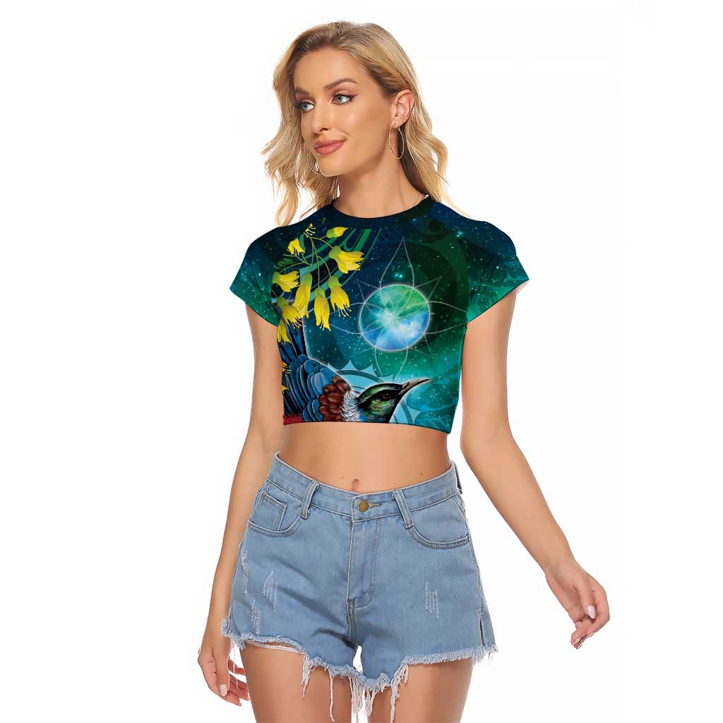 New Zealand Tui Bird Raglan Cropped T Shirt Maori Koru With Pohutukawa Galaxy Style - Aussie Hoodie