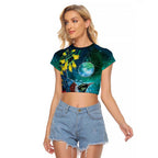 New Zealand Tui Bird Raglan Cropped T Shirt Maori Koru With Pohutukawa Galaxy Style - Aussie Hoodie