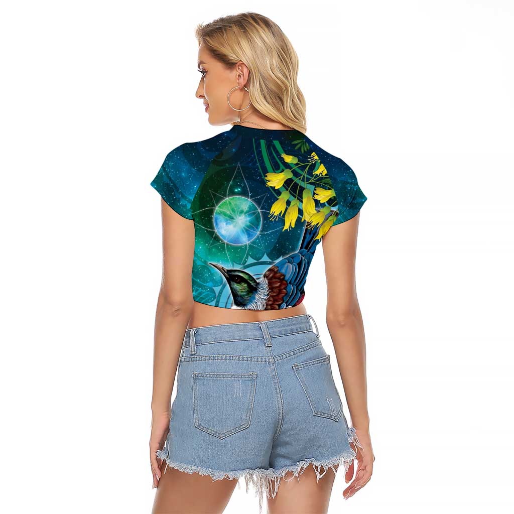 New Zealand Tui Bird Raglan Cropped T Shirt Maori Koru With Pohutukawa Galaxy Style - Aussie Hoodie