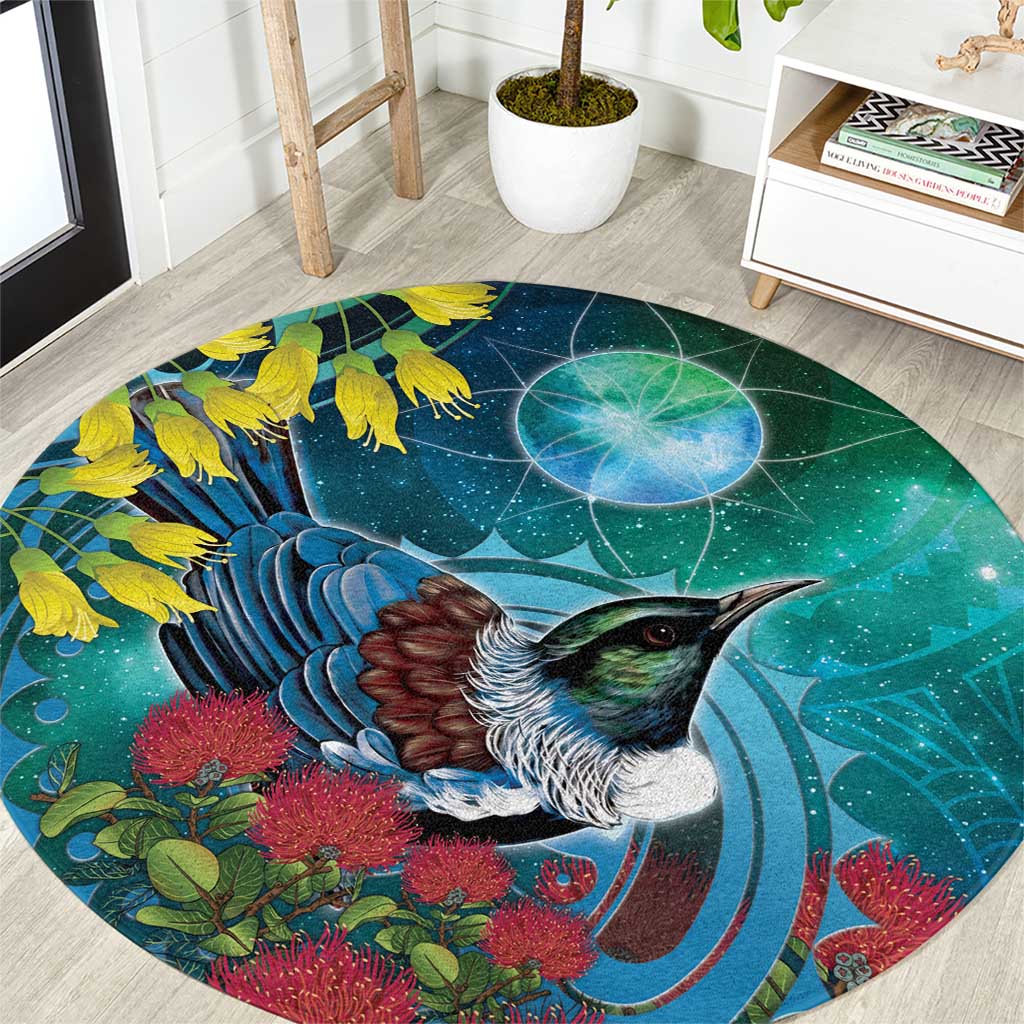 New Zealand Tui Bird Round Carpet Maori Koru With Pohutukawa Galaxy Style - Aussie Hoodie