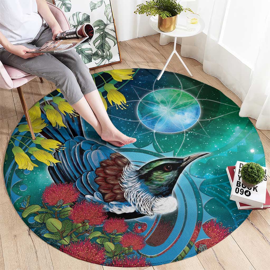 New Zealand Tui Bird Round Carpet Maori Koru With Pohutukawa Galaxy Style - Aussie Hoodie