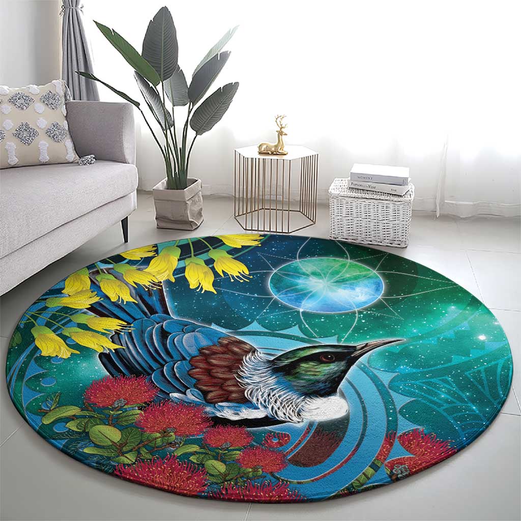 New Zealand Tui Bird Round Carpet Maori Koru With Pohutukawa Galaxy Style - Aussie Hoodie