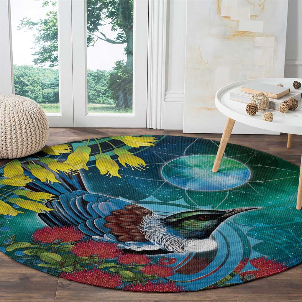 New Zealand Tui Bird Round Carpet Maori Koru With Pohutukawa Galaxy Style - Aussie Hoodie