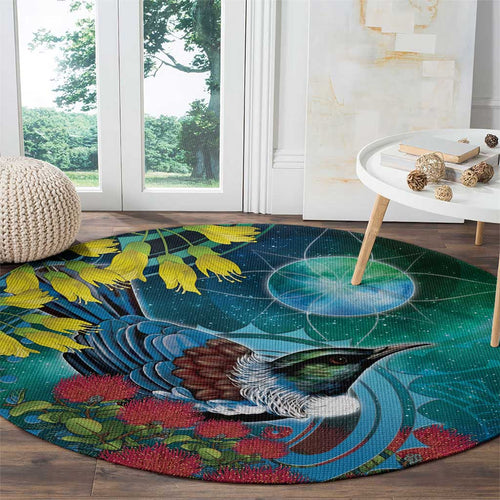 New Zealand Tui Bird Round Carpet Maori Koru With Pohutukawa Galaxy Style - Aussie Hoodie