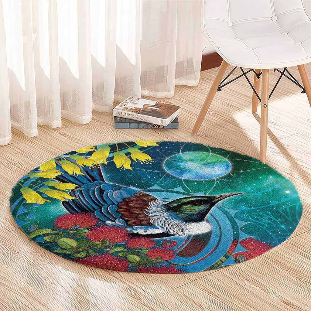 New Zealand Tui Bird Round Carpet Maori Koru With Pohutukawa Galaxy Style - Aussie Hoodie