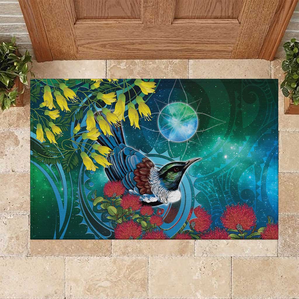 New Zealand Tui Bird Rubber Doormat Maori Koru With Pohutukawa Galaxy Style - Aussie Hoodie