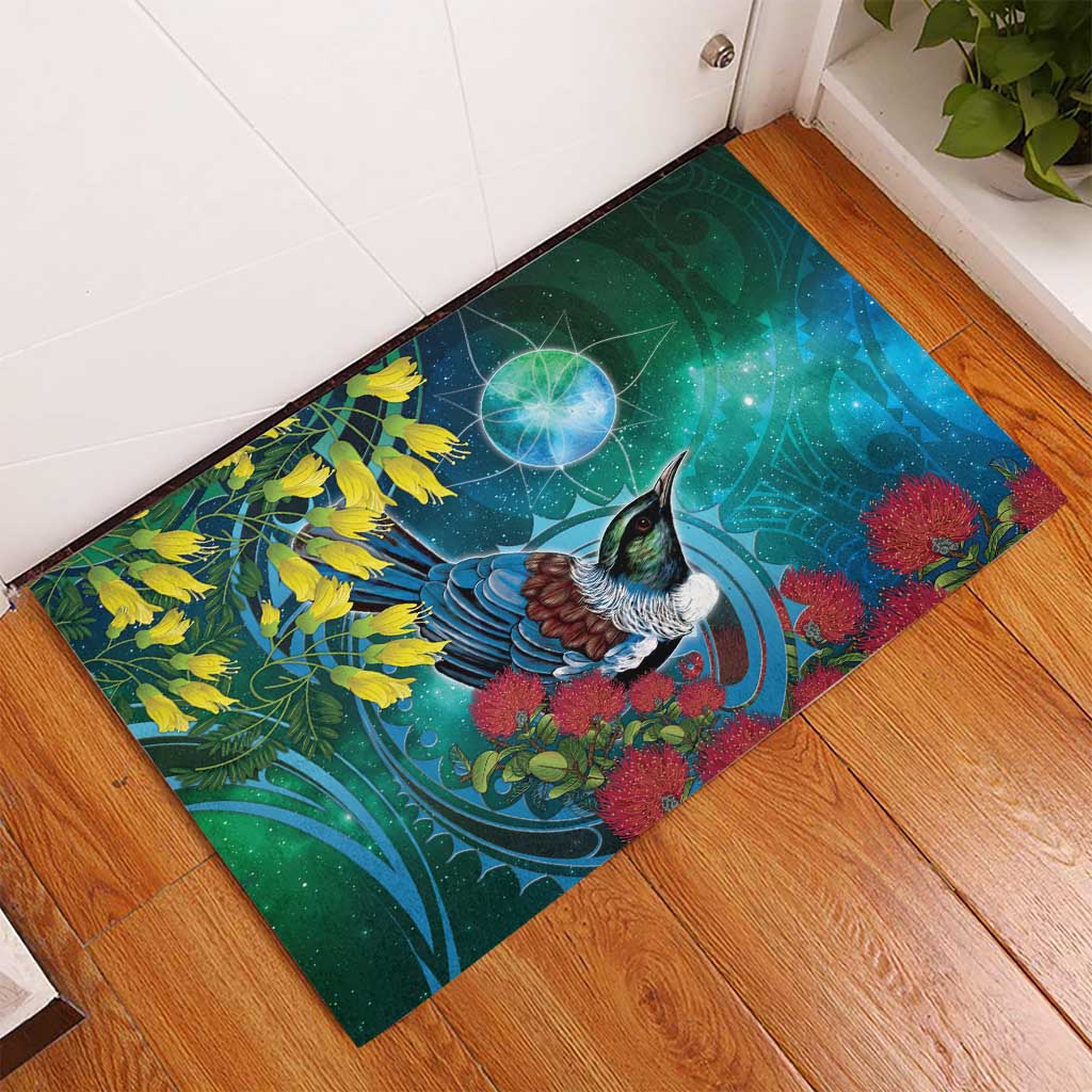 New Zealand Tui Bird Rubber Doormat Maori Koru With Pohutukawa Galaxy Style - Aussie Hoodie