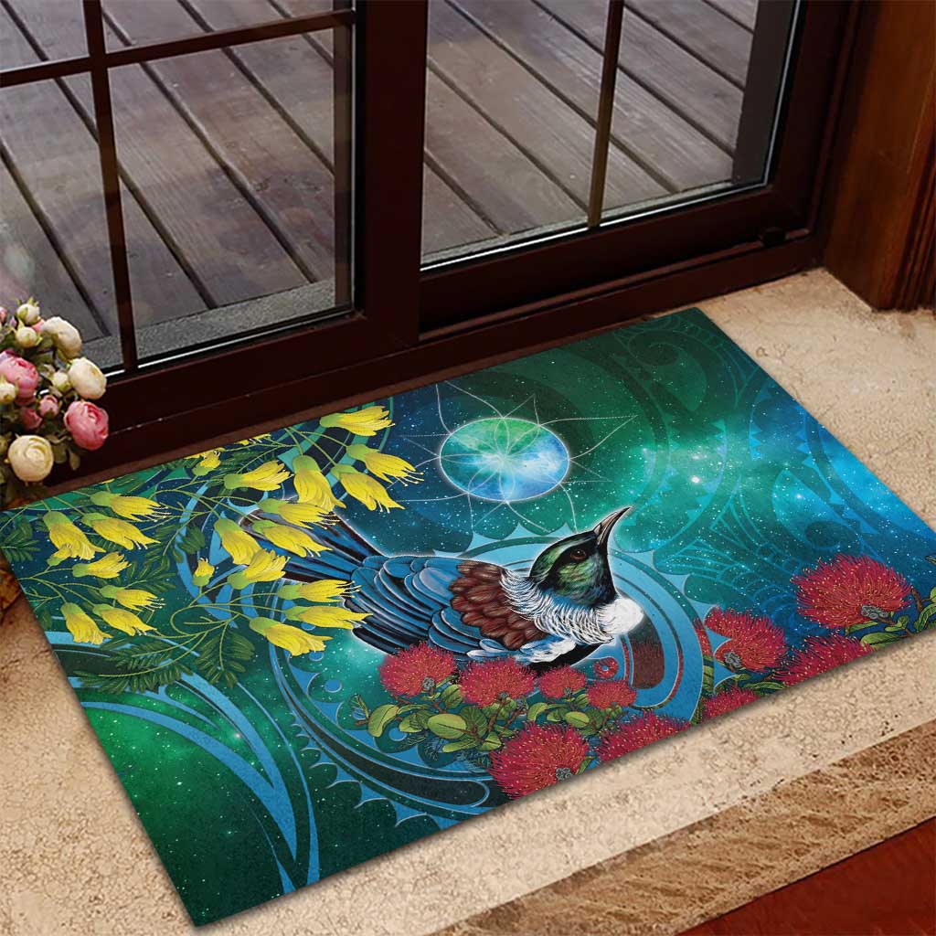 New Zealand Tui Bird Rubber Doormat Maori Koru With Pohutukawa Galaxy Style - Aussie Hoodie