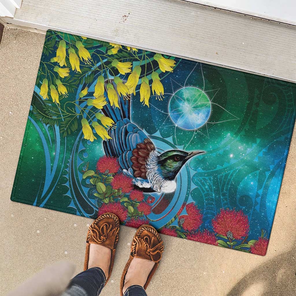 New Zealand Tui Bird Rubber Doormat Maori Koru With Pohutukawa Galaxy Style - Aussie Hoodie