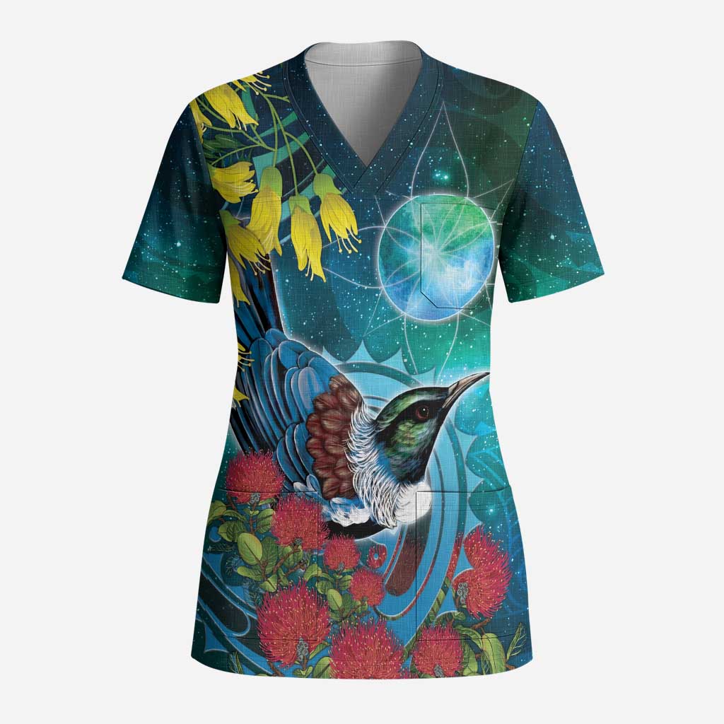 New Zealand Tui Bird Scrub Top Maori Koru With Pohutukawa Galaxy Style - Aussie Hoodie