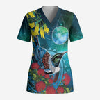 New Zealand Tui Bird Scrub Top Maori Koru With Pohutukawa Galaxy Style - Aussie Hoodie