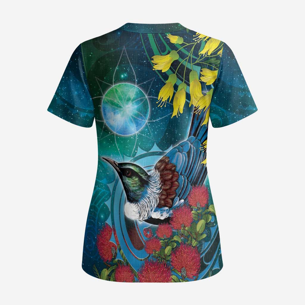 New Zealand Tui Bird Scrub Top Maori Koru With Pohutukawa Galaxy Style - Aussie Hoodie