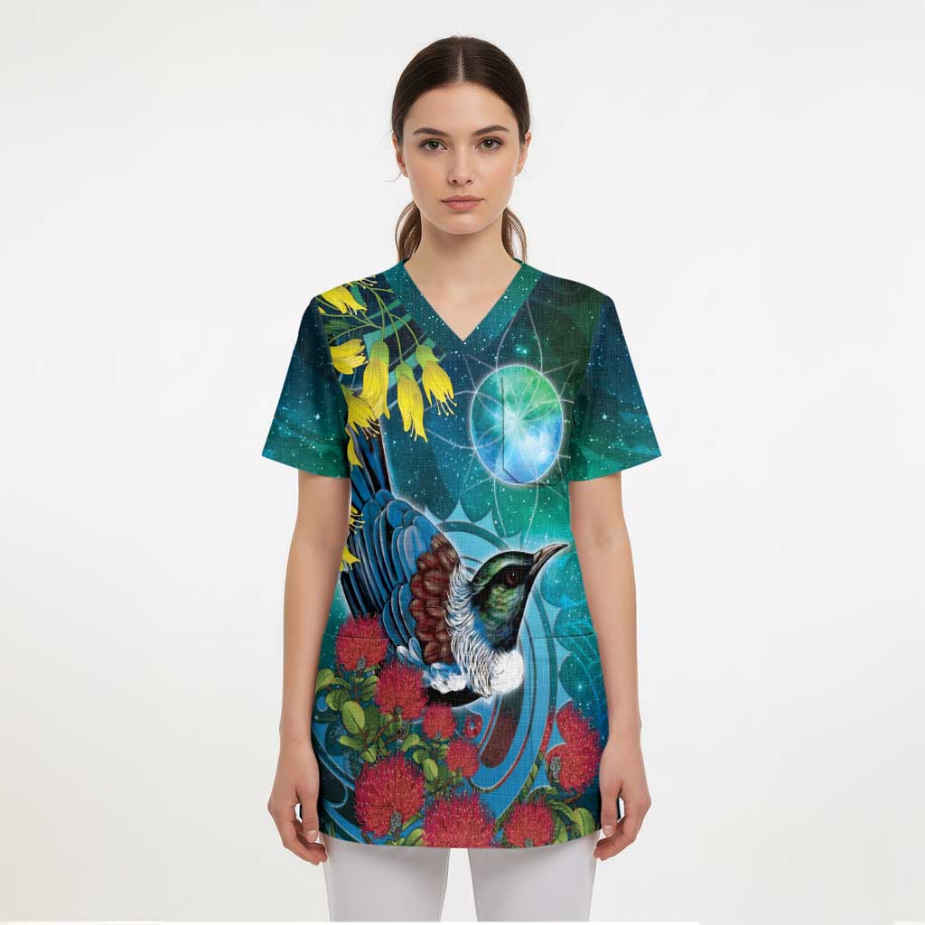 New Zealand Tui Bird Scrub Top Maori Koru With Pohutukawa Galaxy Style - Aussie Hoodie