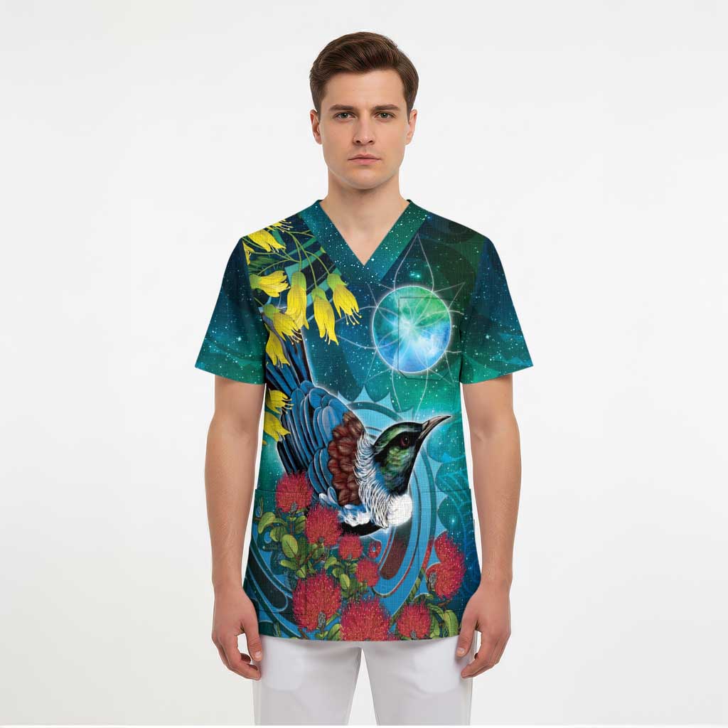 New Zealand Tui Bird Scrub Top Maori Koru With Pohutukawa Galaxy Style - Aussie Hoodie