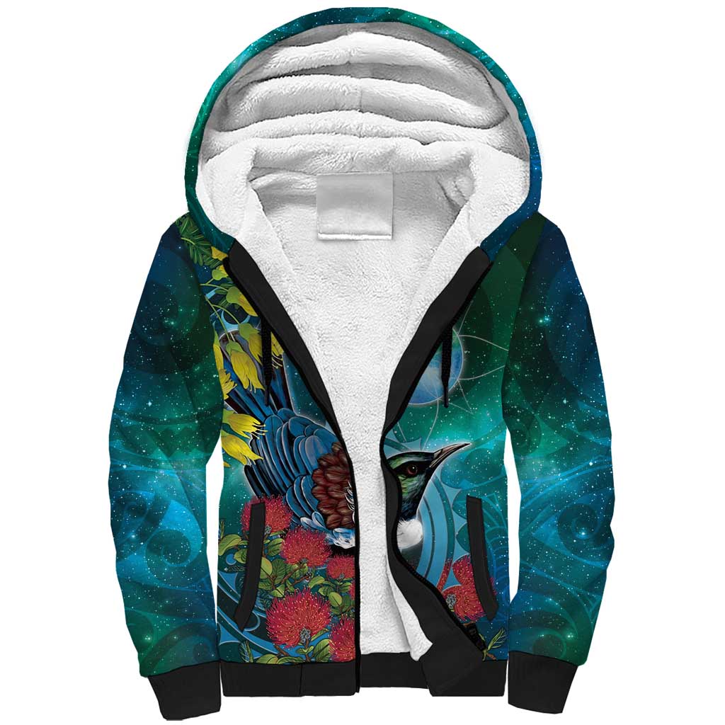 New Zealand Tui Bird Sherpa Hoodie Maori Koru With Pohutukawa Galaxy Style - Aussie Hoodie