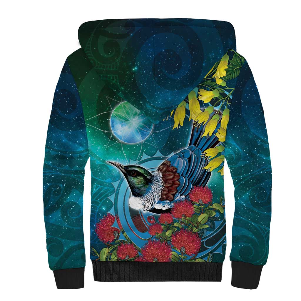 New Zealand Tui Bird Sherpa Hoodie Maori Koru With Pohutukawa Galaxy Style - Aussie Hoodie