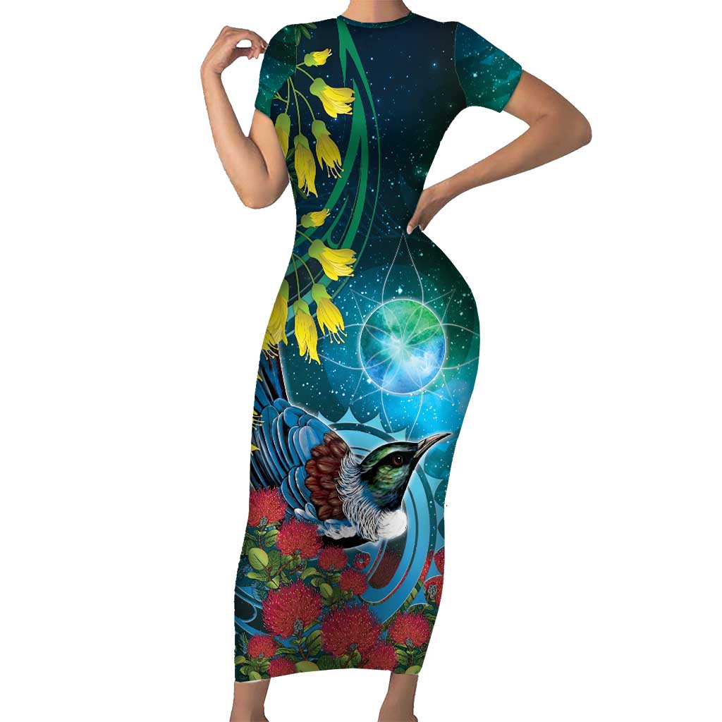 New Zealand Tui Bird Short Sleeve Bodycon Dress Maori Koru With Pohutukawa Galaxy Style - Aussie Hoodie