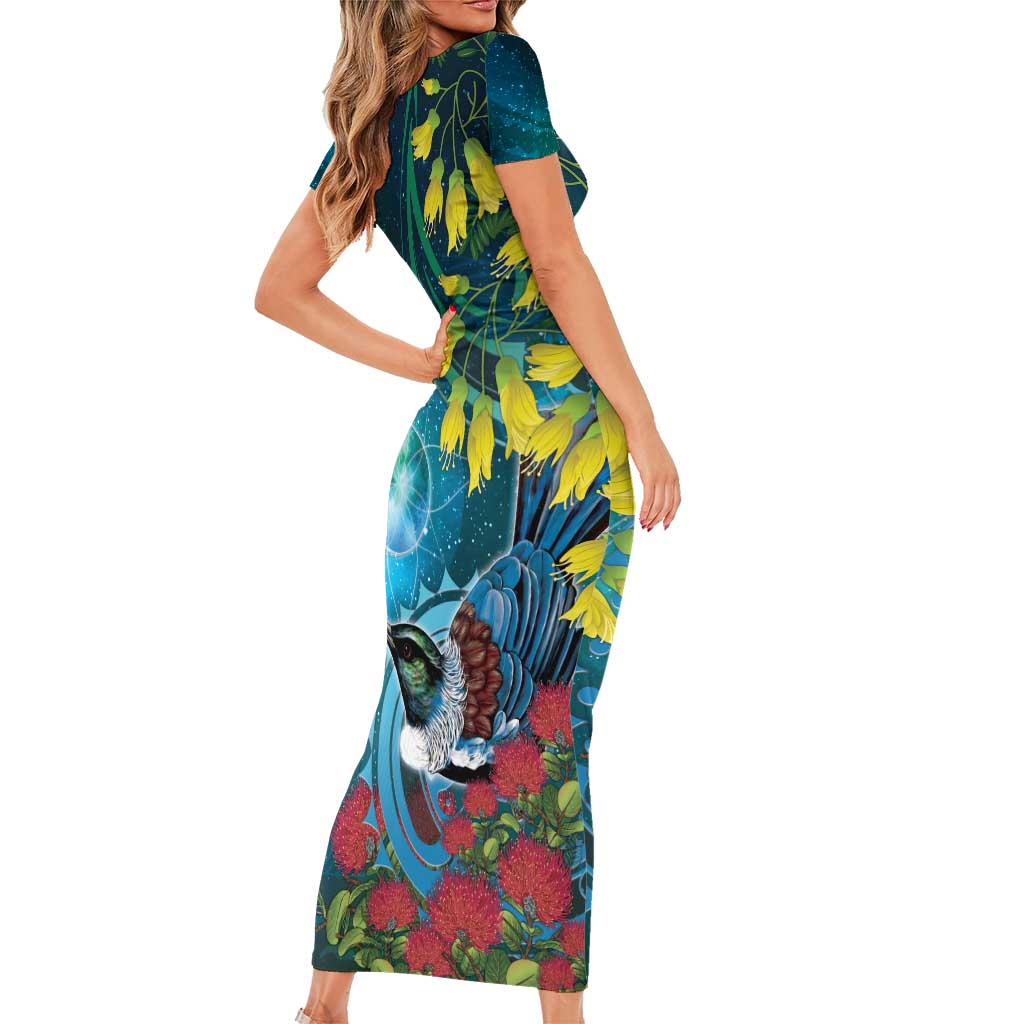 New Zealand Tui Bird Short Sleeve Bodycon Dress Maori Koru With Pohutukawa Galaxy Style - Aussie Hoodie