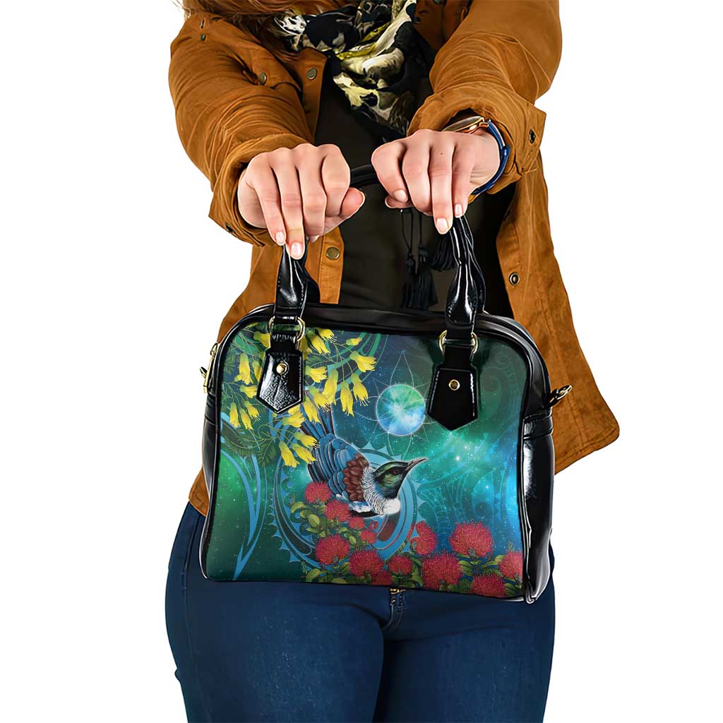 New Zealand Tui Bird Shoulder Handbag Maori Koru With Pohutukawa Galaxy Style - Aussie Hoodie