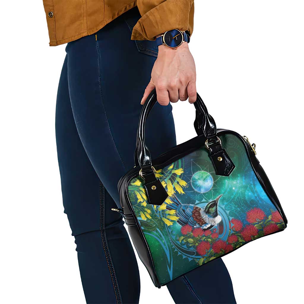 New Zealand Tui Bird Shoulder Handbag Maori Koru With Pohutukawa Galaxy Style - Aussie Hoodie