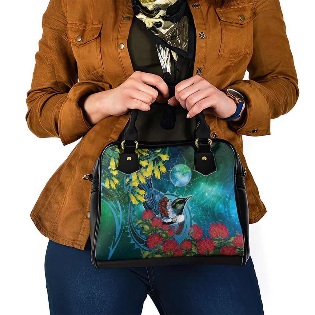 New Zealand Tui Bird Shoulder Handbag Maori Koru With Pohutukawa Galaxy Style - Aussie Hoodie