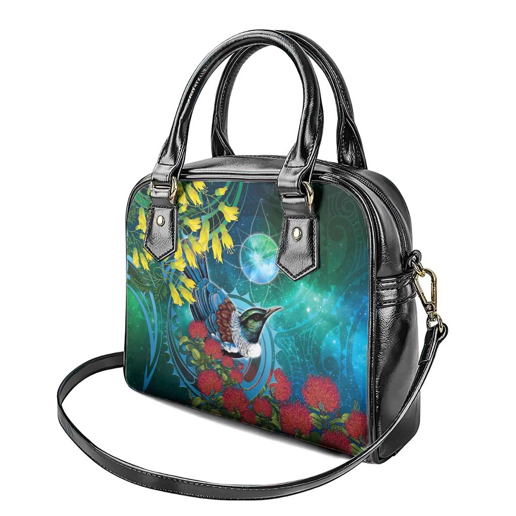 New Zealand Tui Bird Shoulder Handbag Maori Koru With Pohutukawa Galaxy Style - Aussie Hoodie