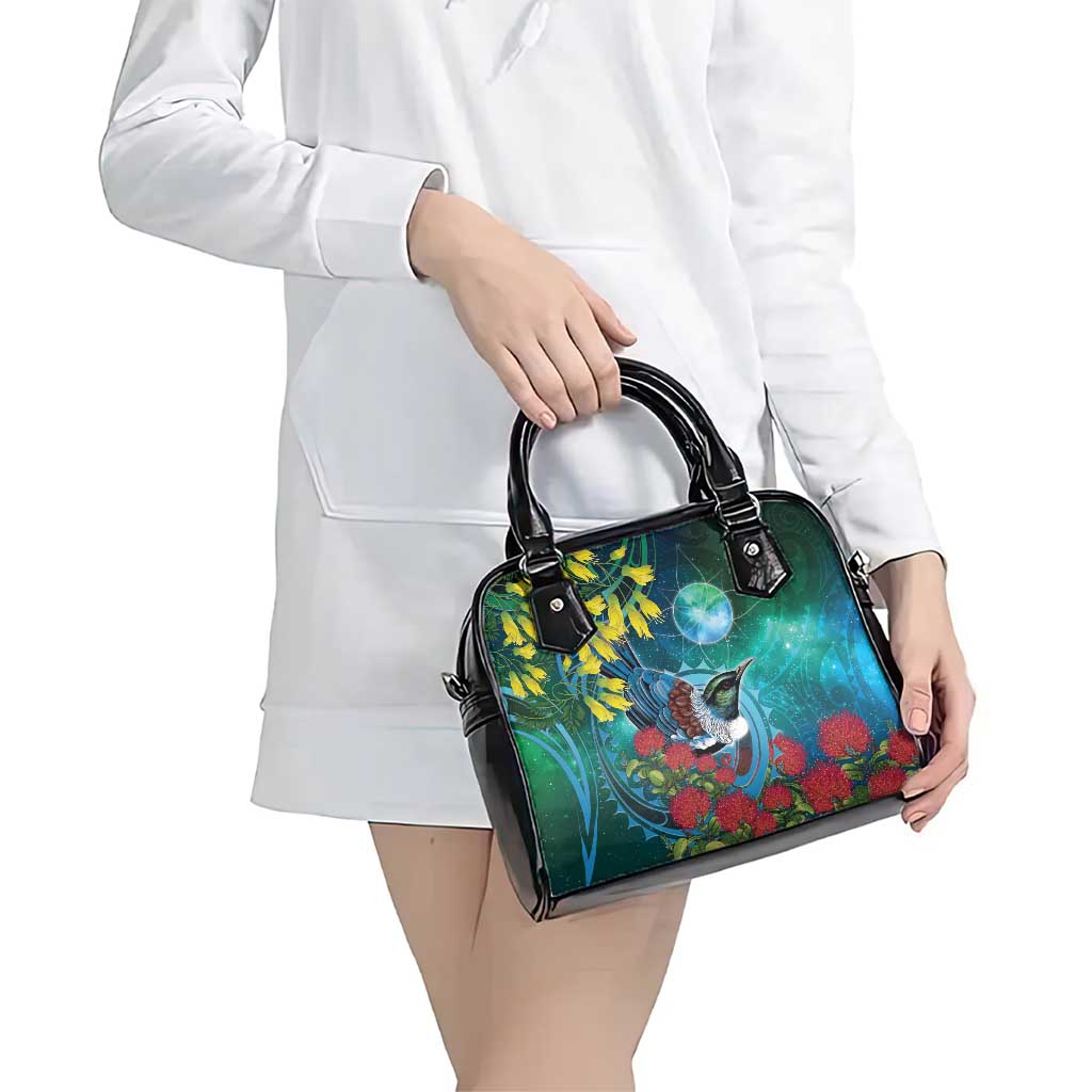 New Zealand Tui Bird Shoulder Handbag Maori Koru With Pohutukawa Galaxy Style - Aussie Hoodie