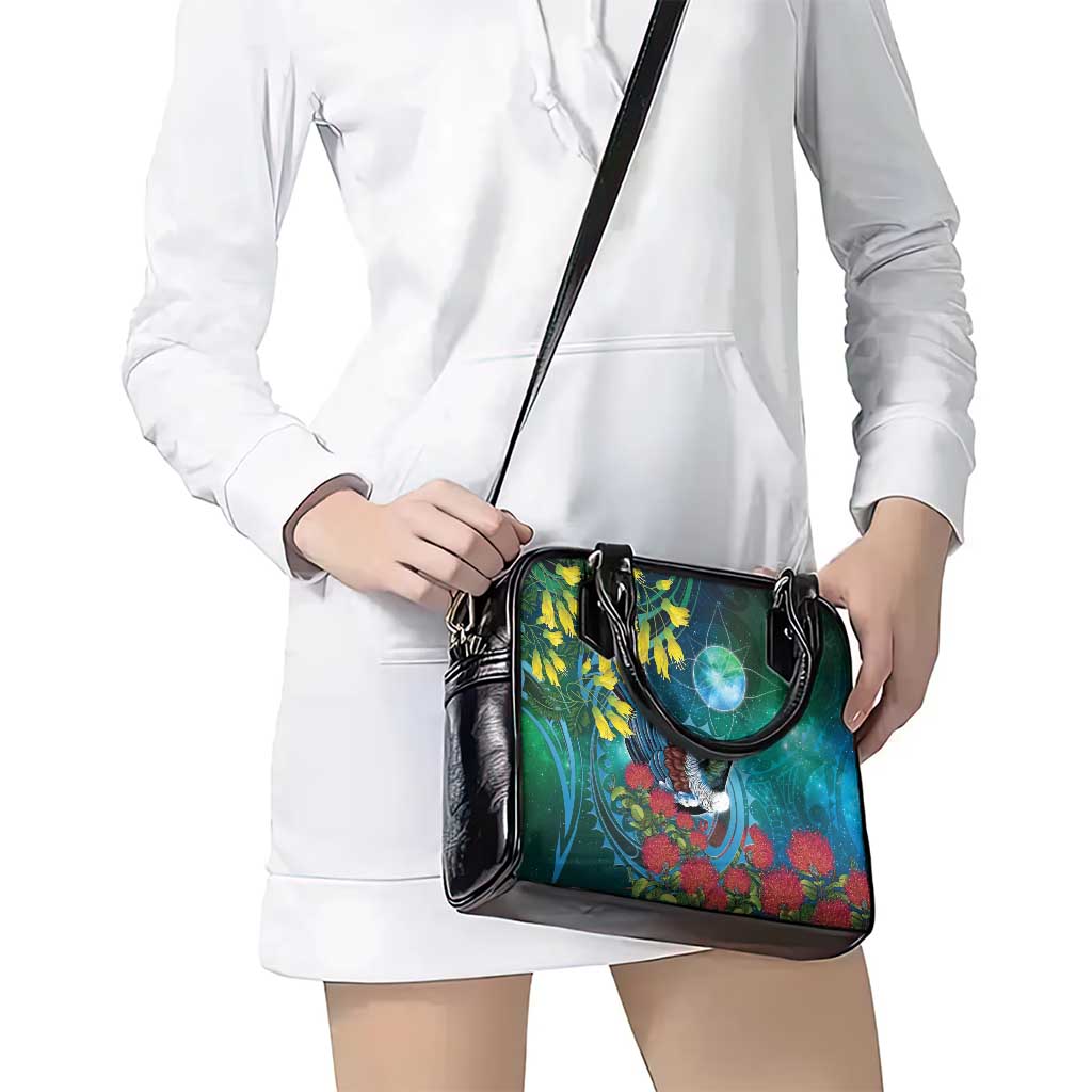 New Zealand Tui Bird Shoulder Handbag Maori Koru With Pohutukawa Galaxy Style - Aussie Hoodie