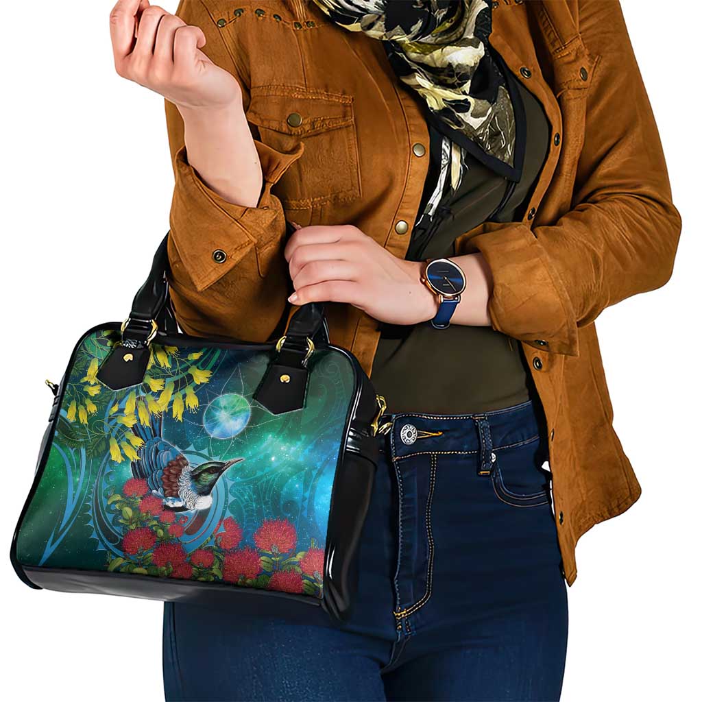 New Zealand Tui Bird Shoulder Handbag Maori Koru With Pohutukawa Galaxy Style - Aussie Hoodie