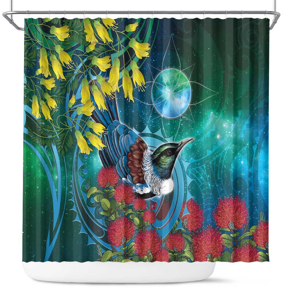 New Zealand Tui Bird Shower Curtain Maori Koru With Pohutukawa Galaxy Style - Aussie Hoodie