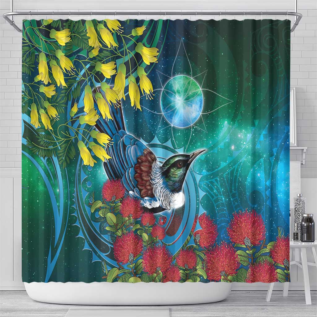 New Zealand Tui Bird Shower Curtain Maori Koru With Pohutukawa Galaxy Style - Aussie Hoodie