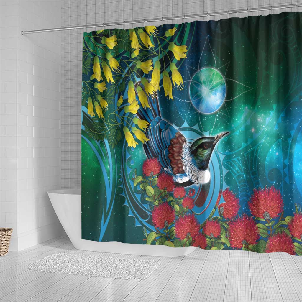 New Zealand Tui Bird Shower Curtain Maori Koru With Pohutukawa Galaxy Style - Aussie Hoodie