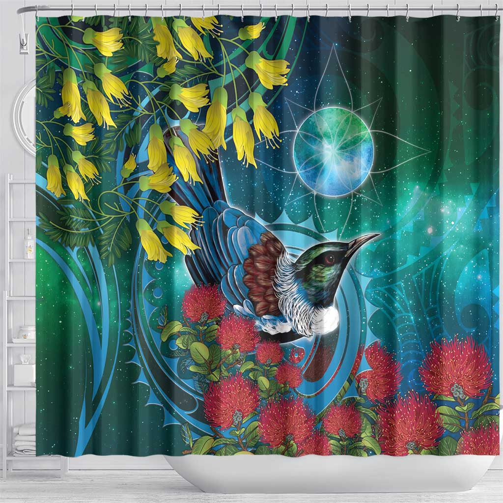 New Zealand Tui Bird Shower Curtain Maori Koru With Pohutukawa Galaxy Style - Aussie Hoodie