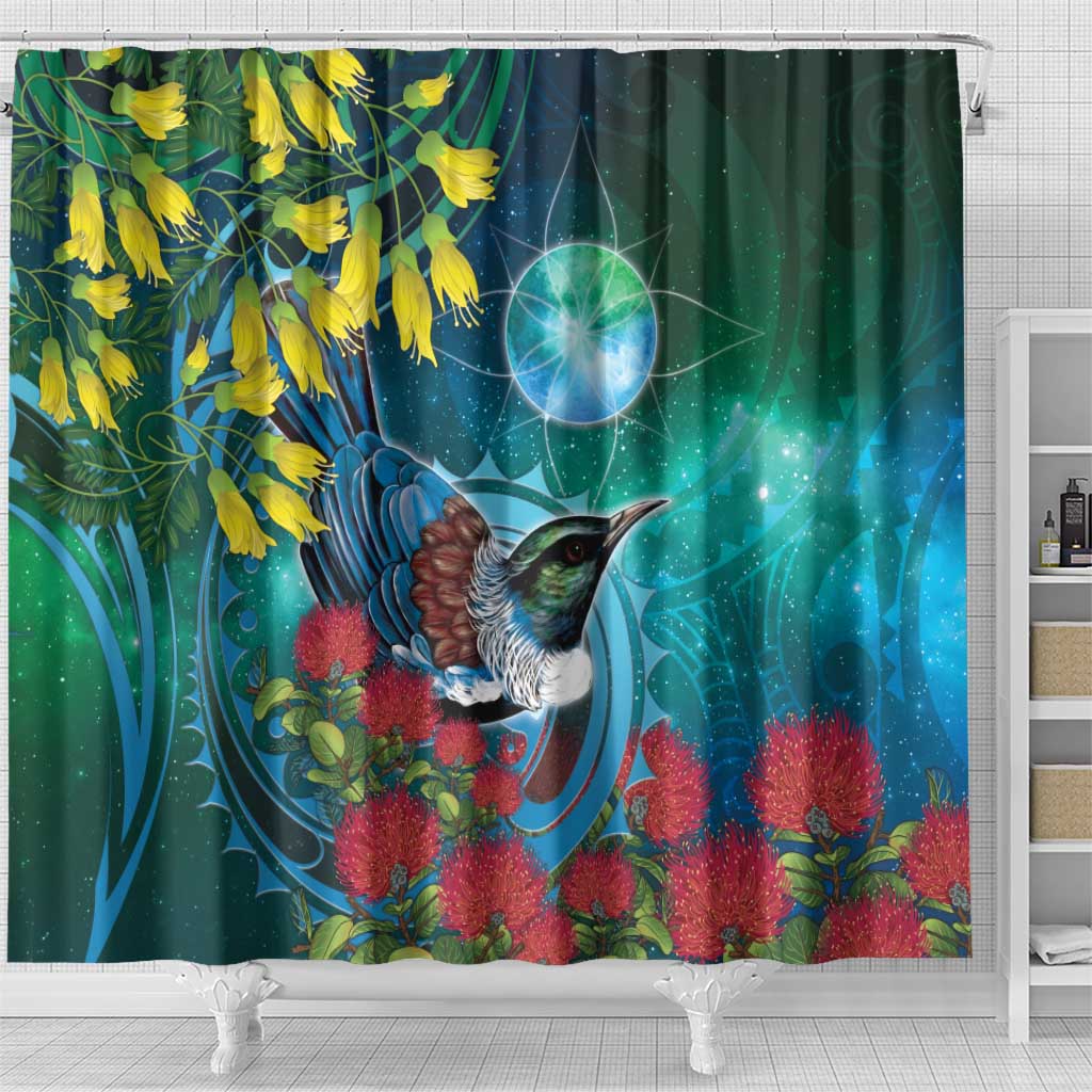 New Zealand Tui Bird Shower Curtain Maori Koru With Pohutukawa Galaxy Style - Aussie Hoodie