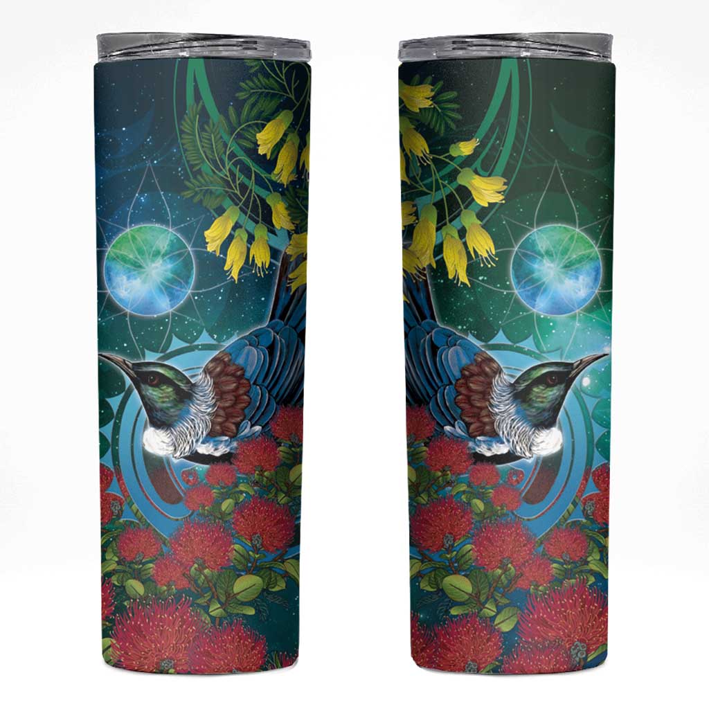New Zealand Tui Bird Skinny Tumbler Maori Koru With Pohutukawa Galaxy Style - Aussie Hoodie
