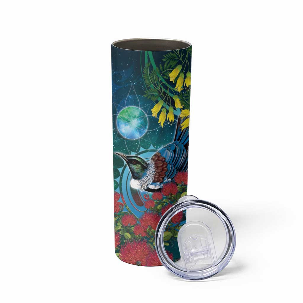 New Zealand Tui Bird Skinny Tumbler Maori Koru With Pohutukawa Galaxy Style - Aussie Hoodie