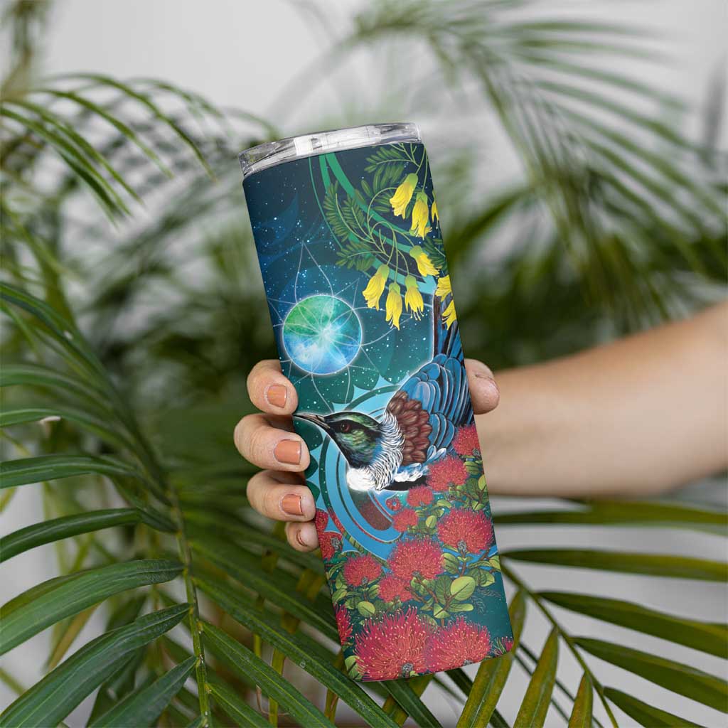 New Zealand Tui Bird Skinny Tumbler Maori Koru With Pohutukawa Galaxy Style - Aussie Hoodie