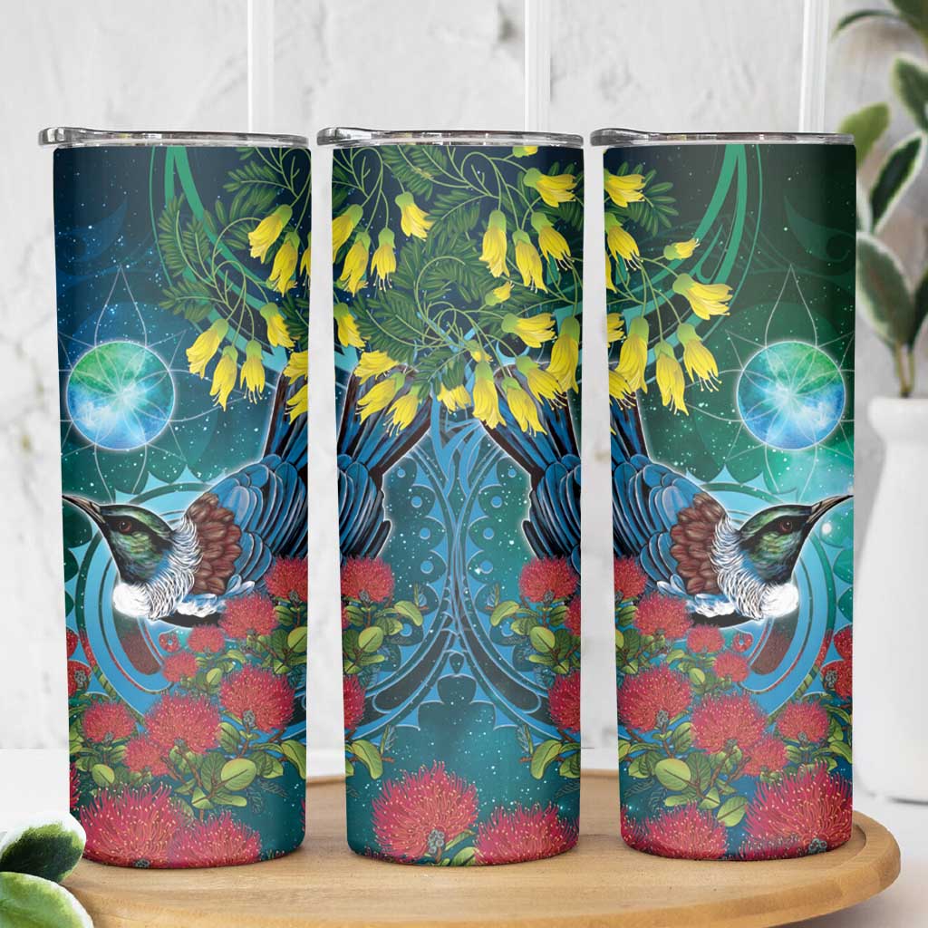 New Zealand Tui Bird Skinny Tumbler Maori Koru With Pohutukawa Galaxy Style - Aussie Hoodie