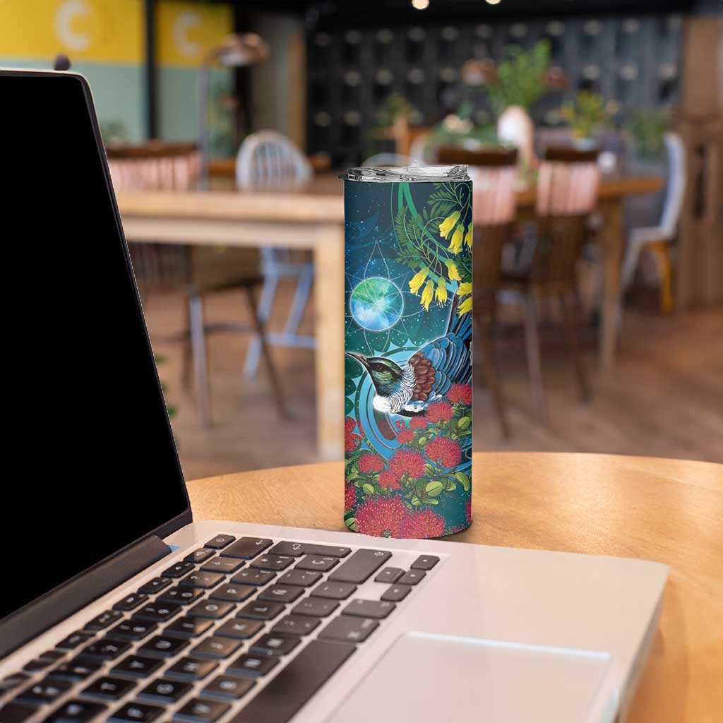 New Zealand Tui Bird Skinny Tumbler Maori Koru With Pohutukawa Galaxy Style - Aussie Hoodie
