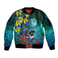 New Zealand Tui Bird Sleeve Zip Bomber Jacket Maori Koru With Pohutukawa Galaxy Style - Aussie Hoodie