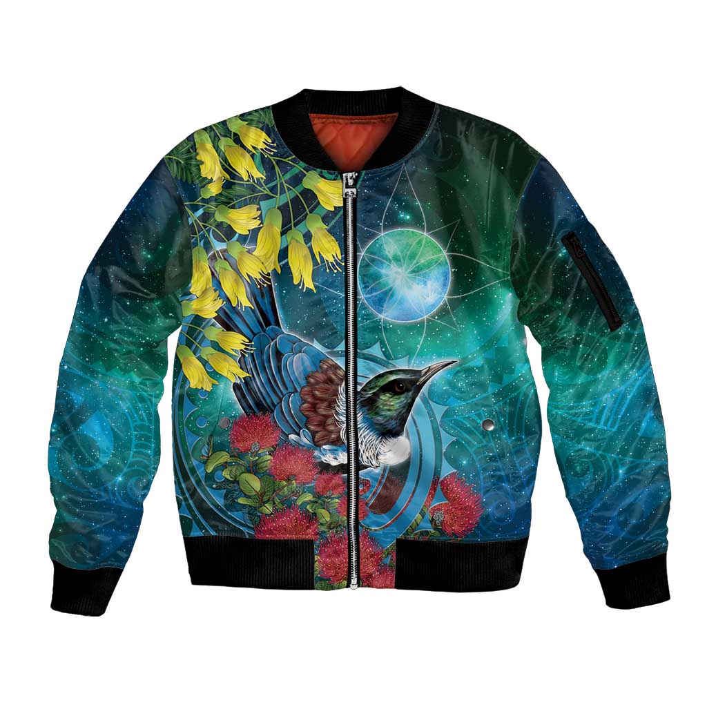 New Zealand Tui Bird Sleeve Zip Bomber Jacket Maori Koru With Pohutukawa Galaxy Style - Aussie Hoodie