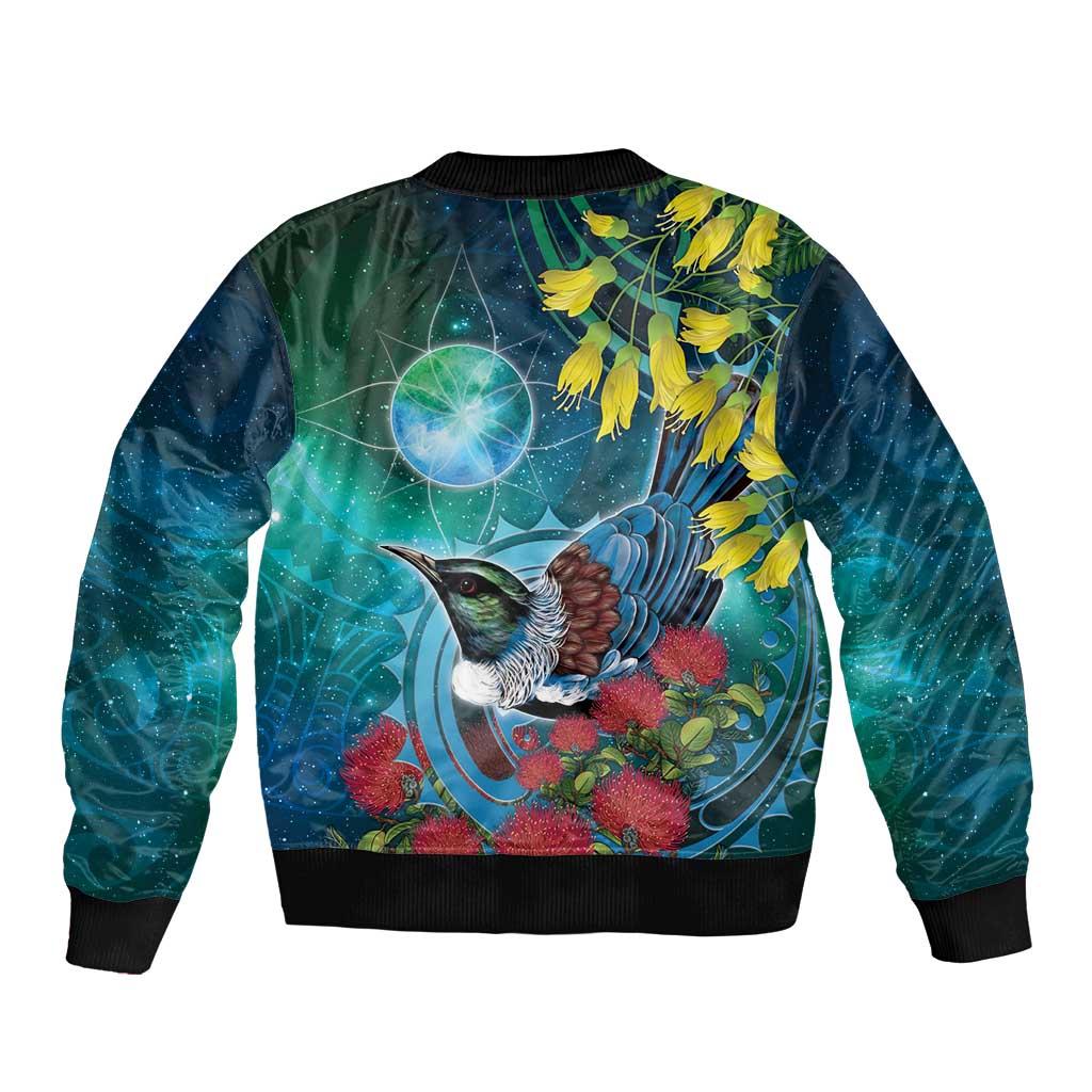 New Zealand Tui Bird Sleeve Zip Bomber Jacket Maori Koru With Pohutukawa Galaxy Style - Aussie Hoodie