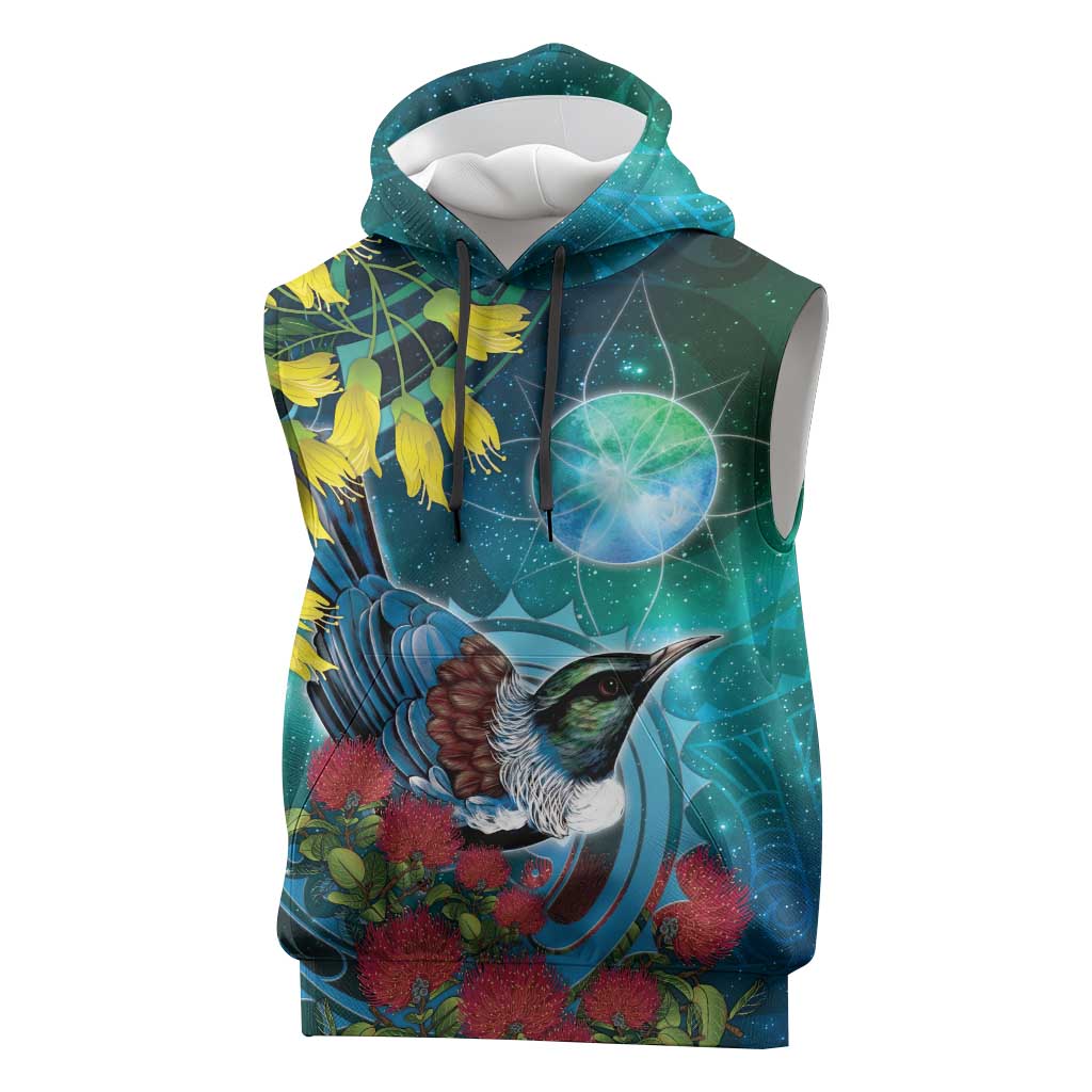 New Zealand Tui Bird Sleeveless Hoodie Maori Koru With Pohutukawa Galaxy Style - Aussie Hoodie