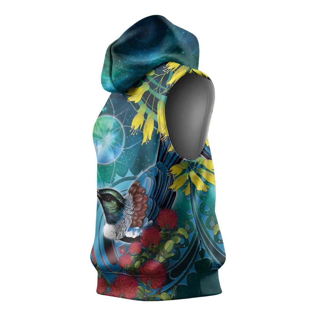 New Zealand Tui Bird Sleeveless Hoodie Maori Koru With Pohutukawa Galaxy Style - Aussie Hoodie
