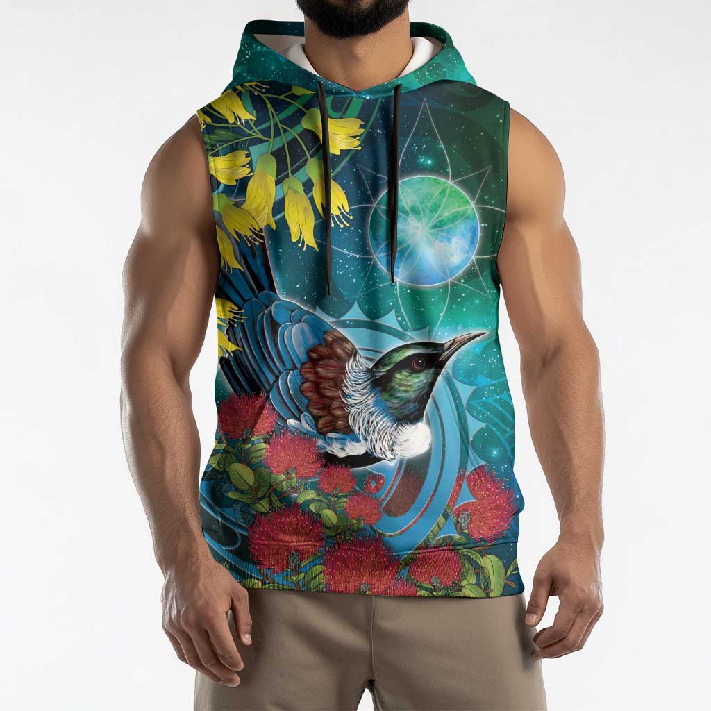 New Zealand Tui Bird Sleeveless Hoodie Maori Koru With Pohutukawa Galaxy Style - Aussie Hoodie