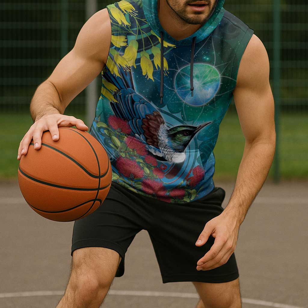 New Zealand Tui Bird Sleeveless Hoodie Maori Koru With Pohutukawa Galaxy Style - Aussie Hoodie