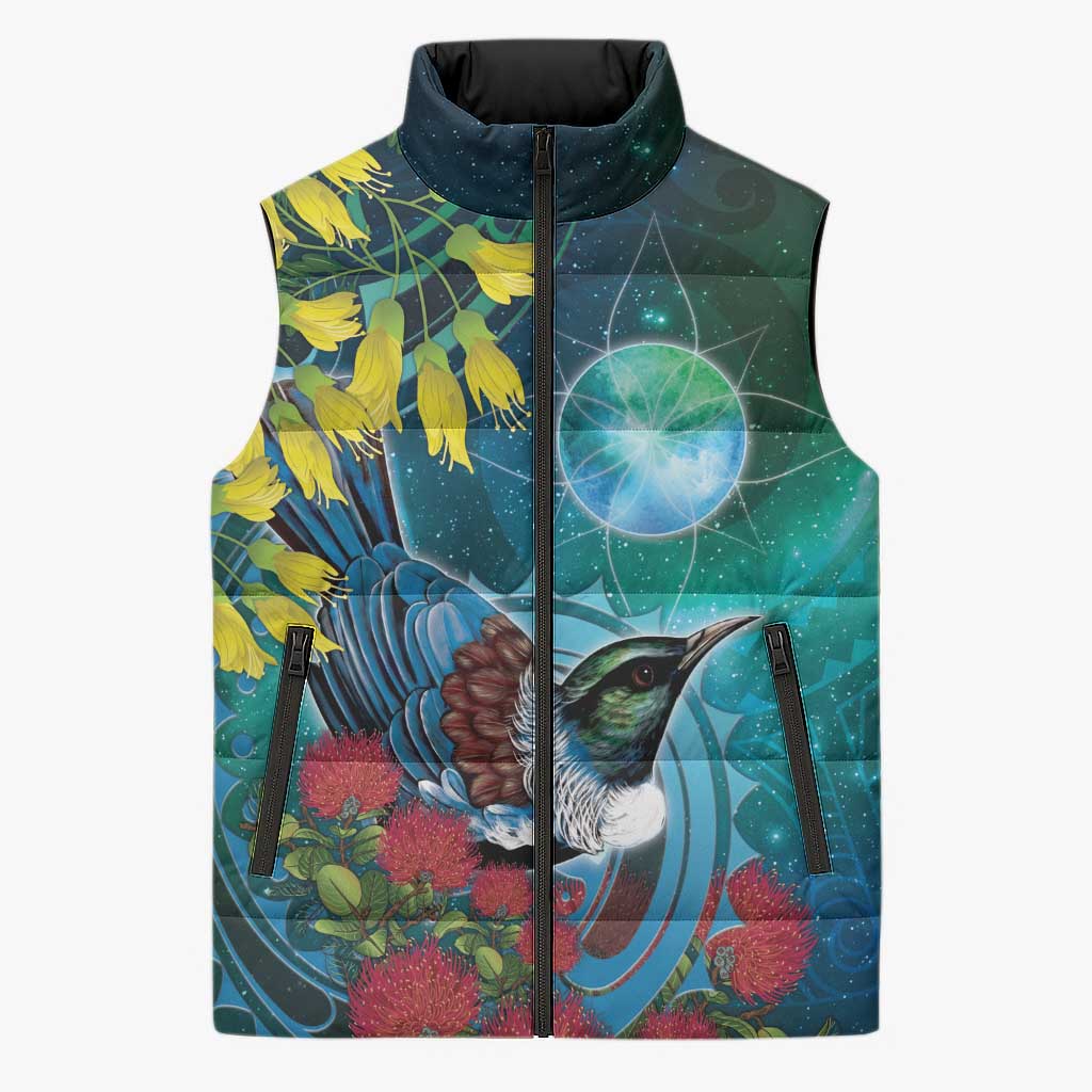 New Zealand Tui Bird Sleeveless Puffer Jacket Maori Koru With Pohutukawa Galaxy Style - Aussie Hoodie