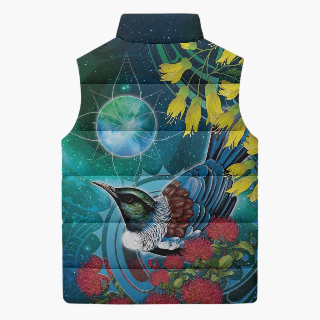 New Zealand Tui Bird Sleeveless Puffer Jacket Maori Koru With Pohutukawa Galaxy Style - Aussie Hoodie