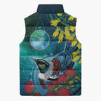 New Zealand Tui Bird Sleeveless Puffer Jacket Maori Koru With Pohutukawa Galaxy Style - Aussie Hoodie